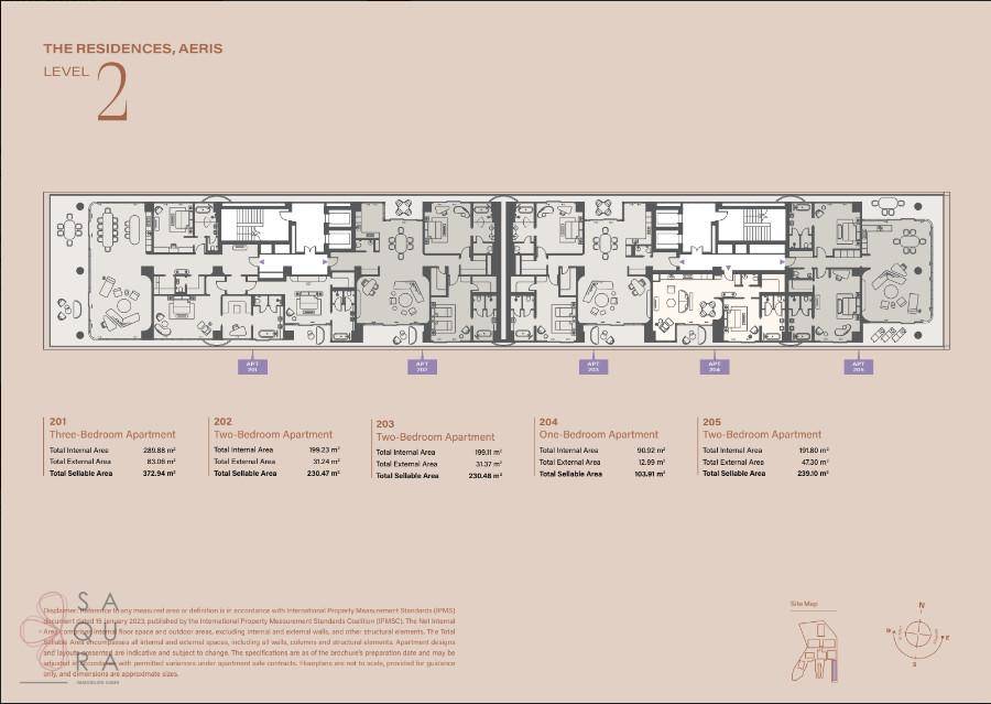 Grundrissplan für die zweite Etage mit verschiedenen Apartmenttypen und deren Aufteilung.