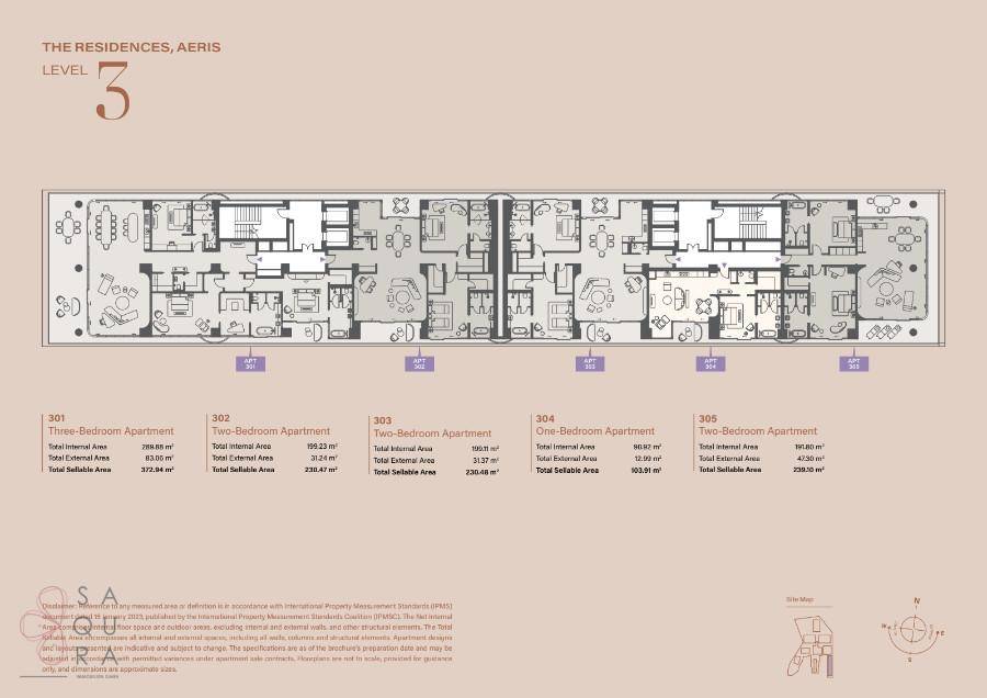 Grundrissplan für Level 3 mit verschiedenen Apartmenttypen und deren Aufteilung.