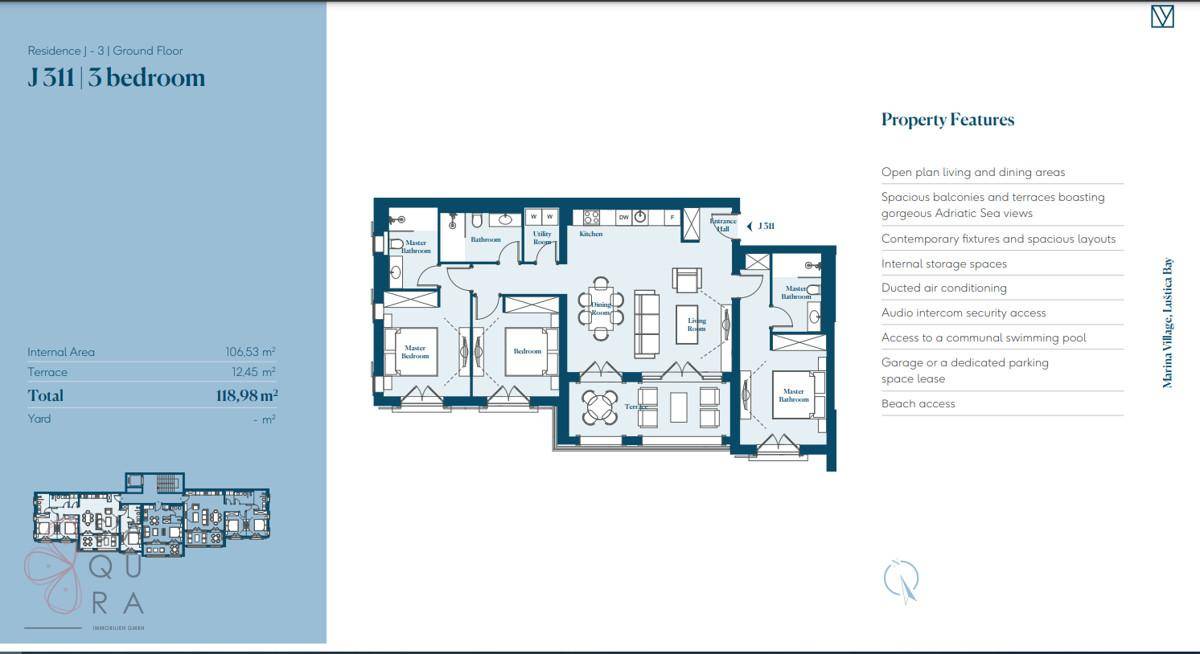Grundriss einer 3-Zimmer-Wohnung mit Balkonen und offenem Wohnbereich.