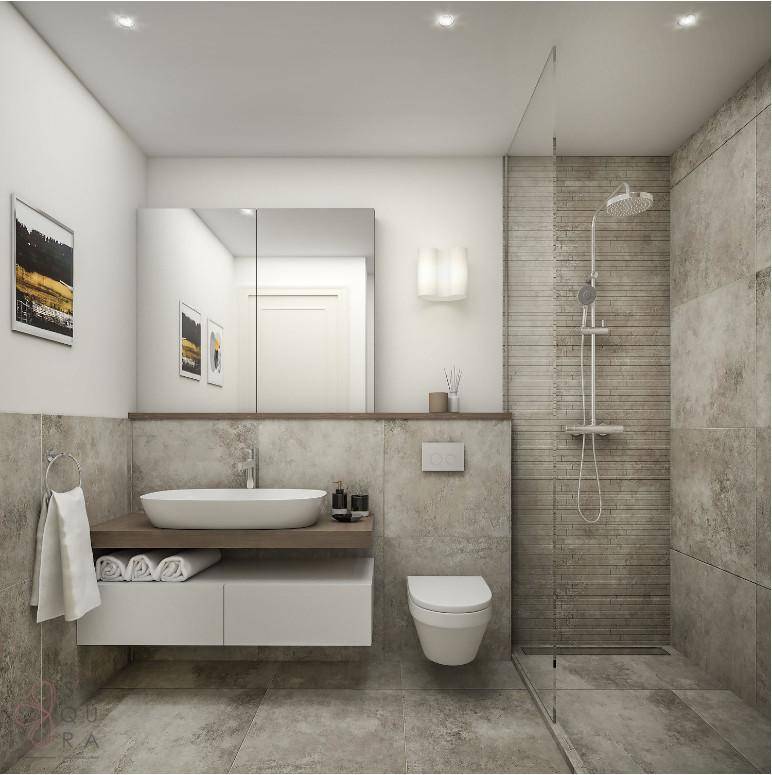 Zeitgemäßes Badezimmer mit bodengleicher Dusche, schwebendem Waschtisch und wandhängendem WC in Grau- und Weißtönen.