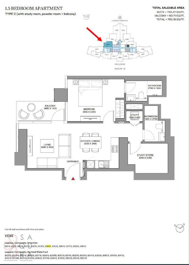Grundriss einer 1,5-Zimmer-Wohnung mit Balkon, Schlafzimmer und offenem Wohnbereich.