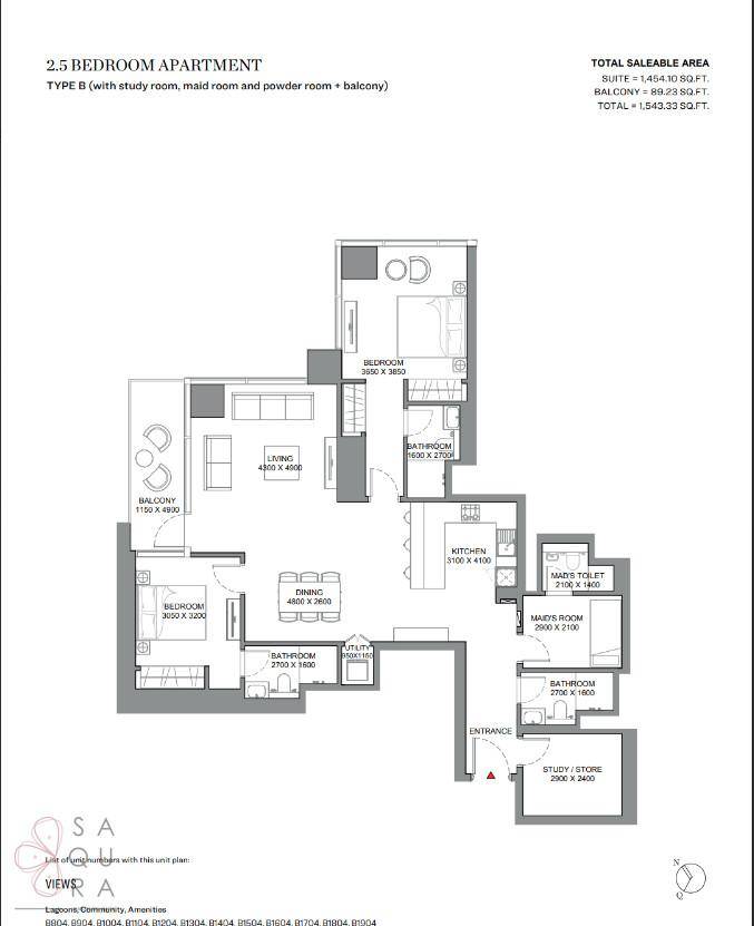 Grundriss einer 2,5-Zimmer-Wohnung Typ B mit Balkon, zwei Bädern und separatem Arbeitszimmer.