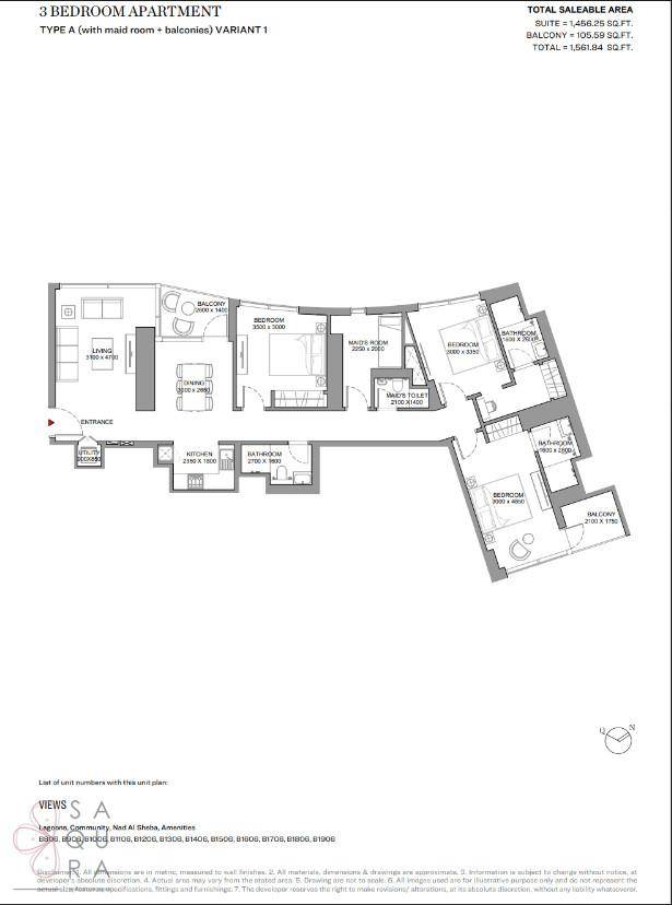 Grundriss einer 3-Zimmer-Wohnung mit Balkonen und separatem Dienstmädchenzimmer.