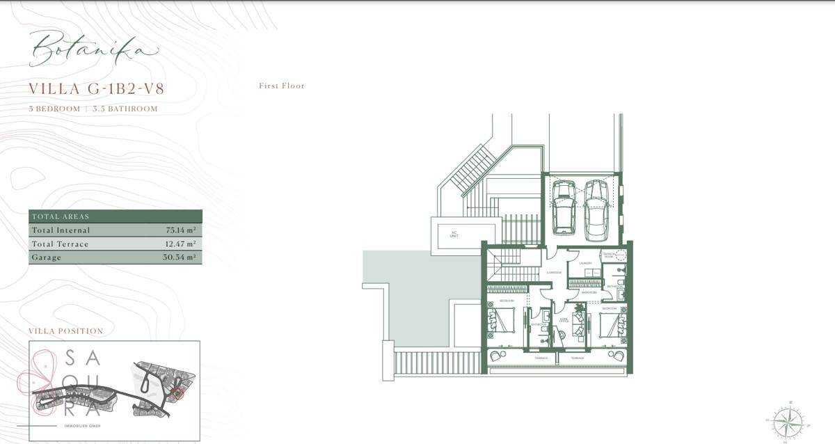 Grundriss des ersten Obergeschosses einer Villa mit Schlafzimmern, Bädern und Garage.