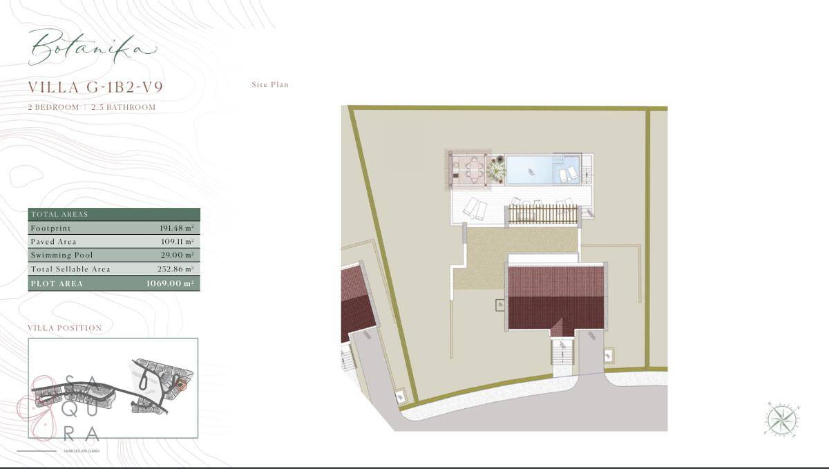 Lageplan einer Villa mit Grundstück, Pool und gepflastertem Bereich.