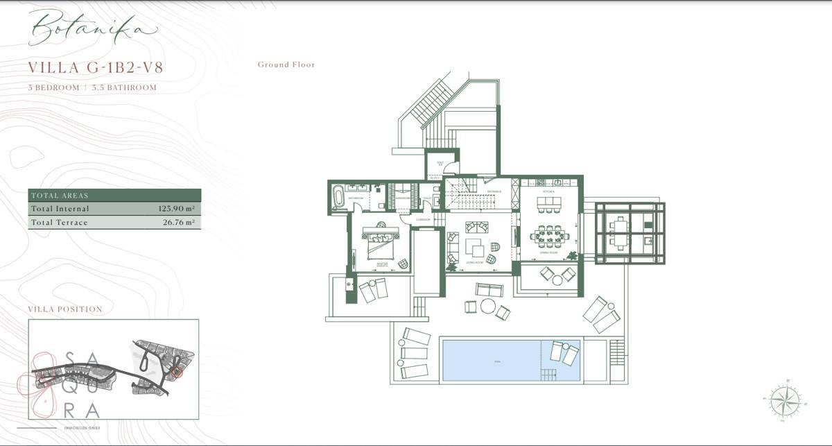 Grundriss des Erdgeschosses einer Villa mit offenem Wohnbereich, Küche und Poolzugang.