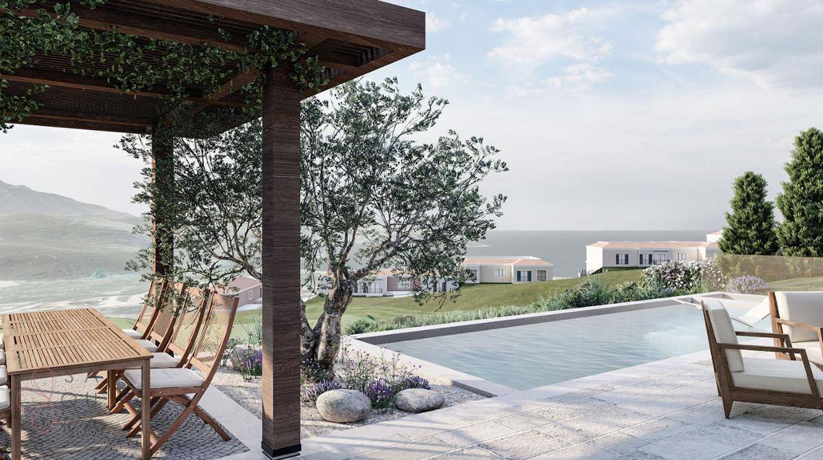 Gemütlicher Essbereich im Freien unter einer Pergola mit Infinity-Pool und weitem Meerblick.