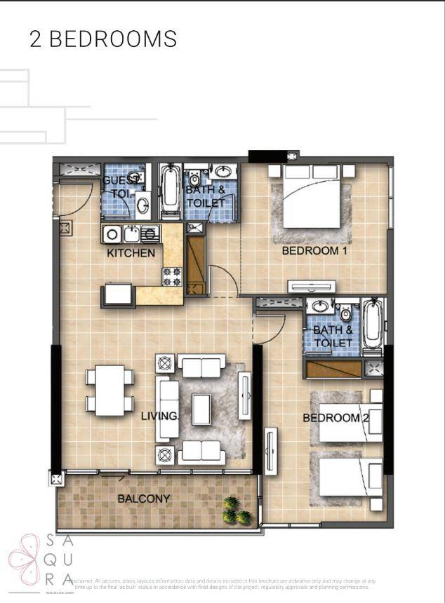 Grundriss einer Wohnung mit zwei Schlafzimmern, Balkon und offener Küche.