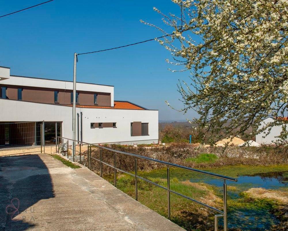 Moderne Villa hinter einem blühenden Baum, mit einem Teich im Vordergrund und weitem Blick.