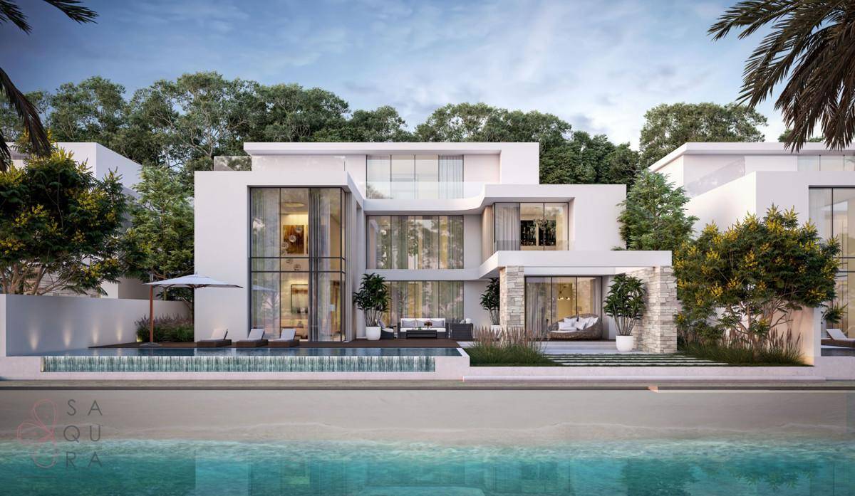 Moderne Villa mit privatem Pool und direktem Zugang zum Strand, umgeben von üppiger Vegetation.