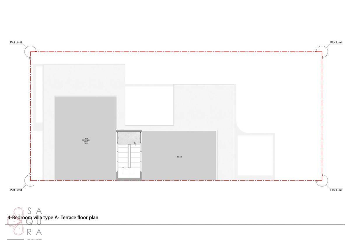 Grundriss der Dachterrasse einer 4-Schlafzimmer-Villa, die zusätzlichen Außenbereich bietet.