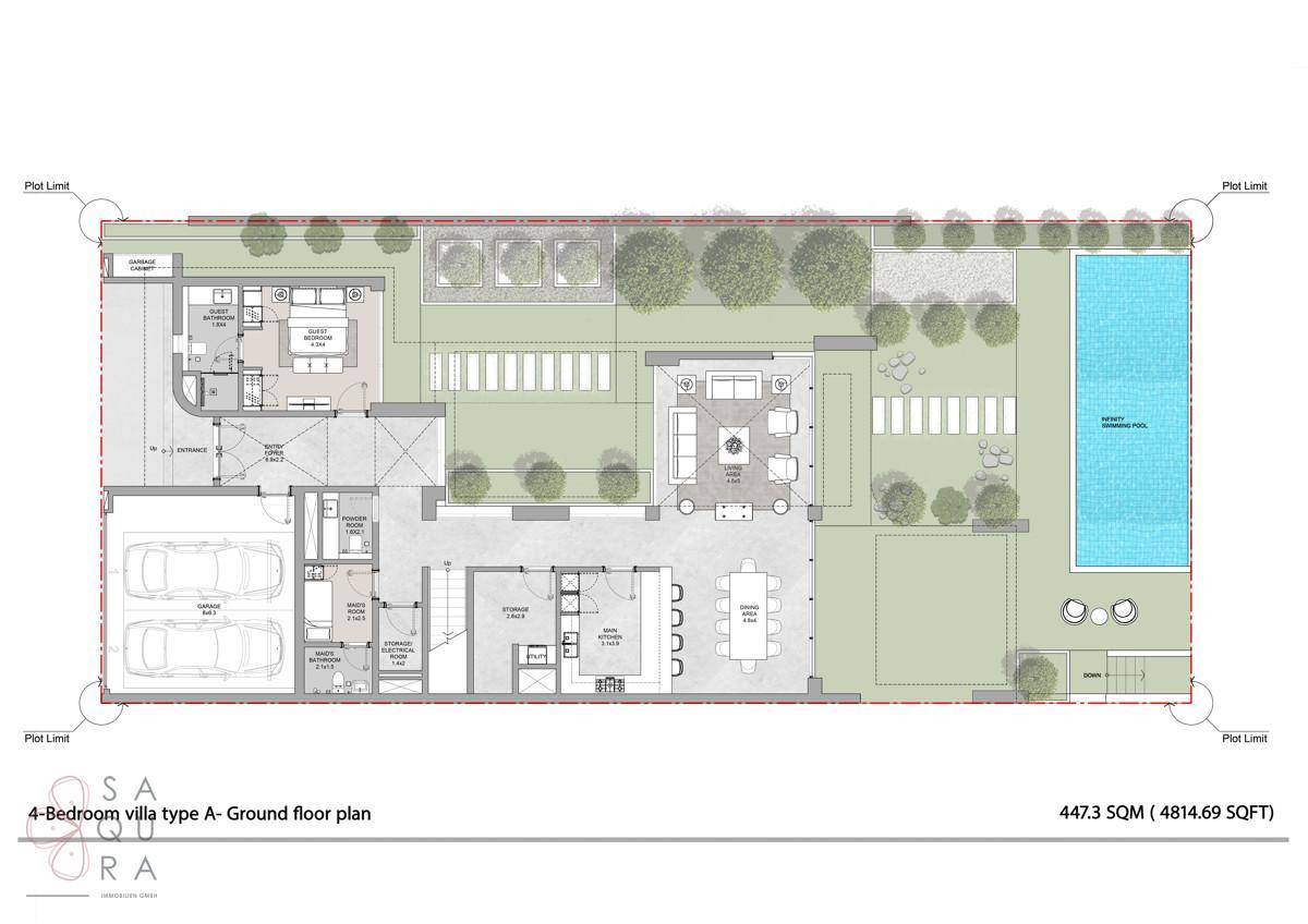 Grundriss des Erdgeschosses einer 4-Schlafzimmer-Villa mit offenem Wohnbereich, Garten und Pool.