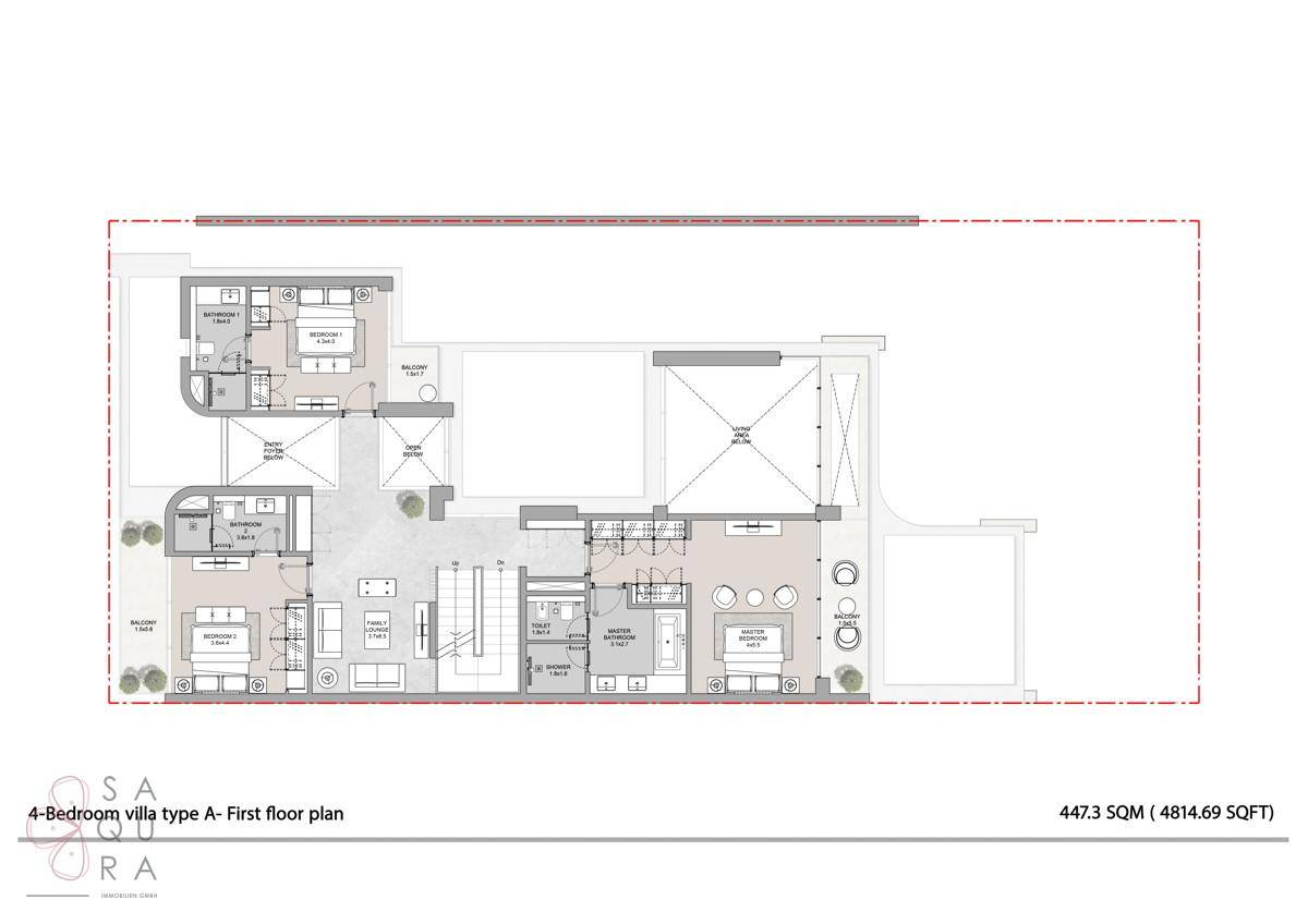 Grundriss des ersten Obergeschosses einer 4-Schlafzimmer-Villa mit mehreren Bädern und Balkonen.