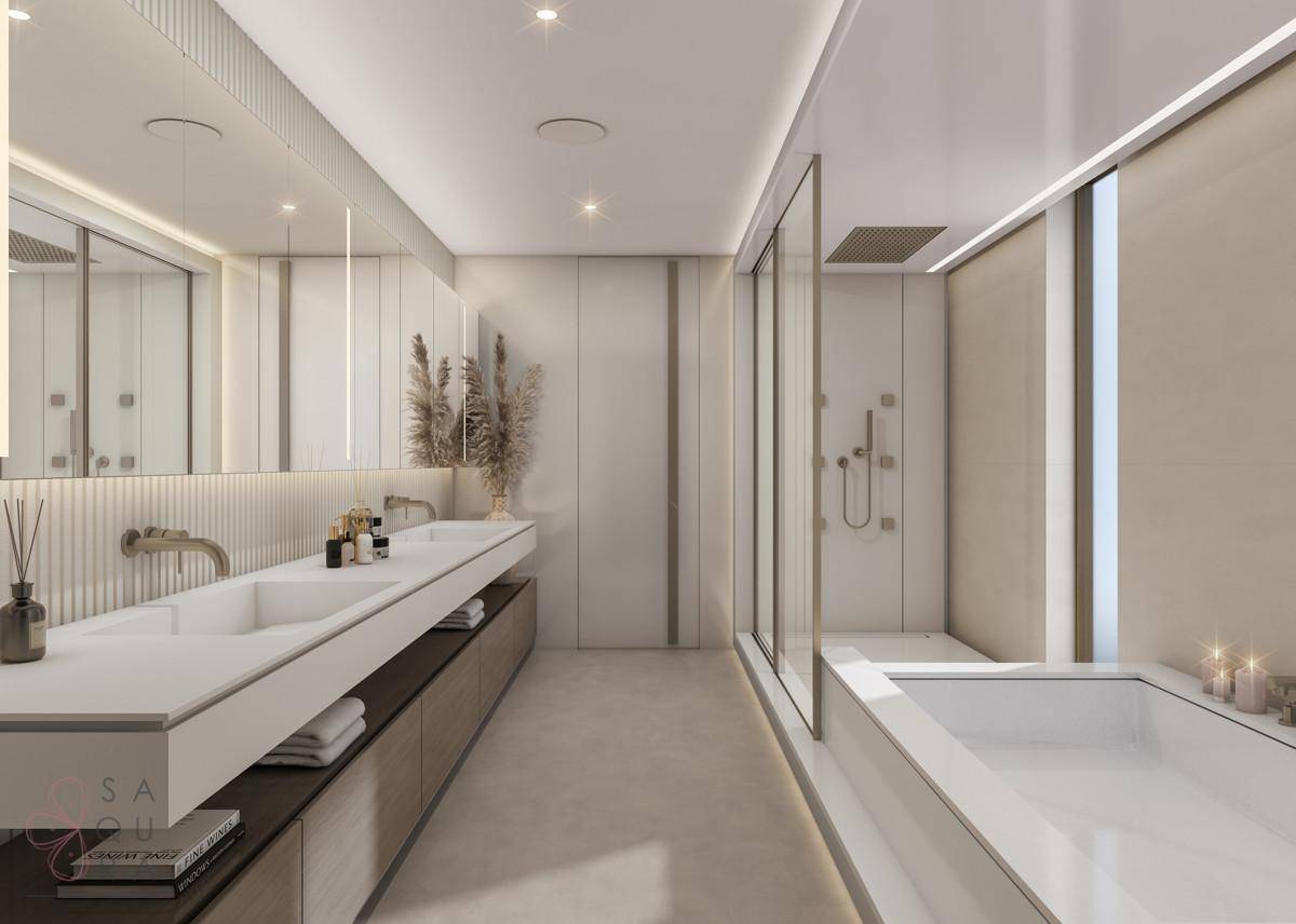 Modernes Badezimmer mit Doppelwaschbecken, großer Dusche und integrierter Badewanne.