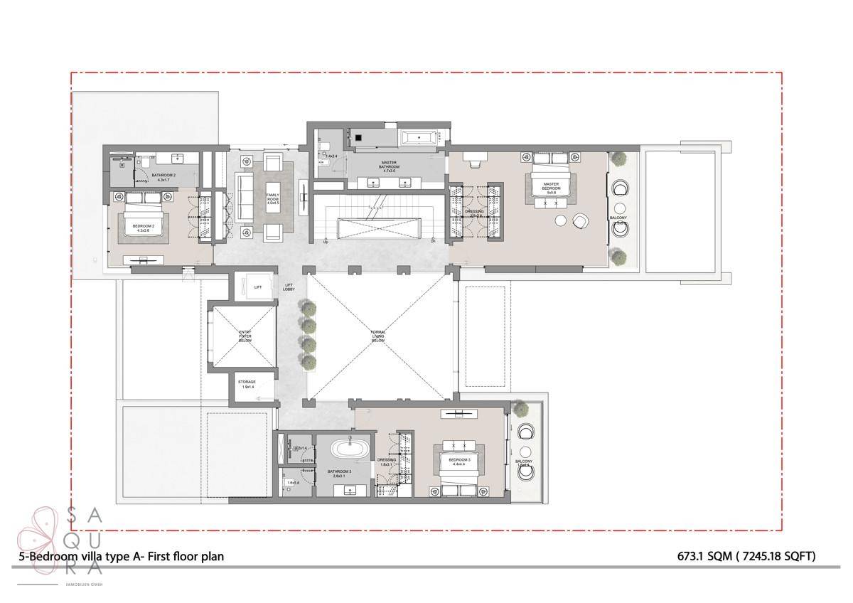 Grundriss des ersten Obergeschosses einer 5-Schlafzimmer-Villa mit Terrassen.