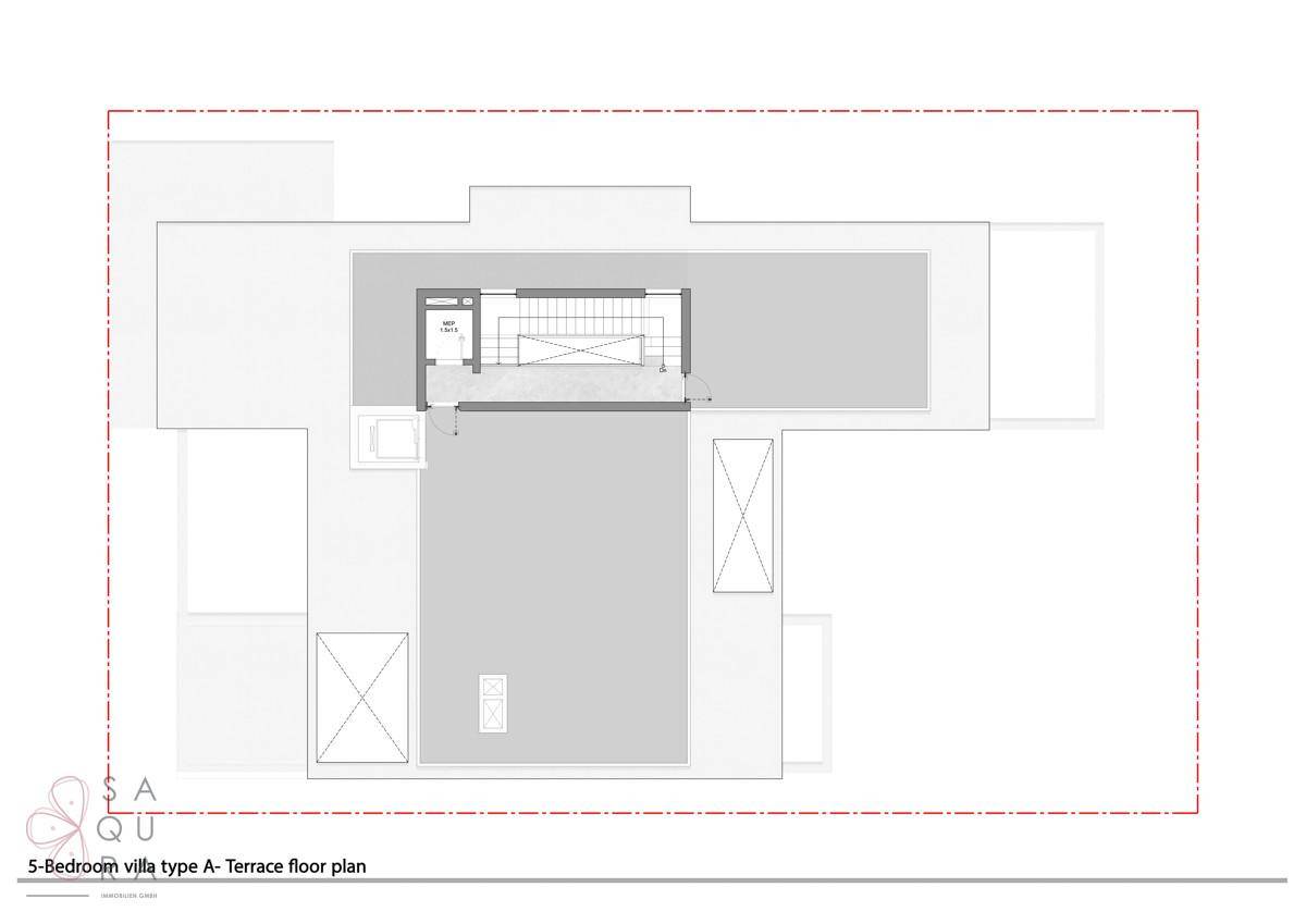 Grundriss des Dachgeschosses einer 5-Schlafzimmer-Villa mit großer Dachterrasse.