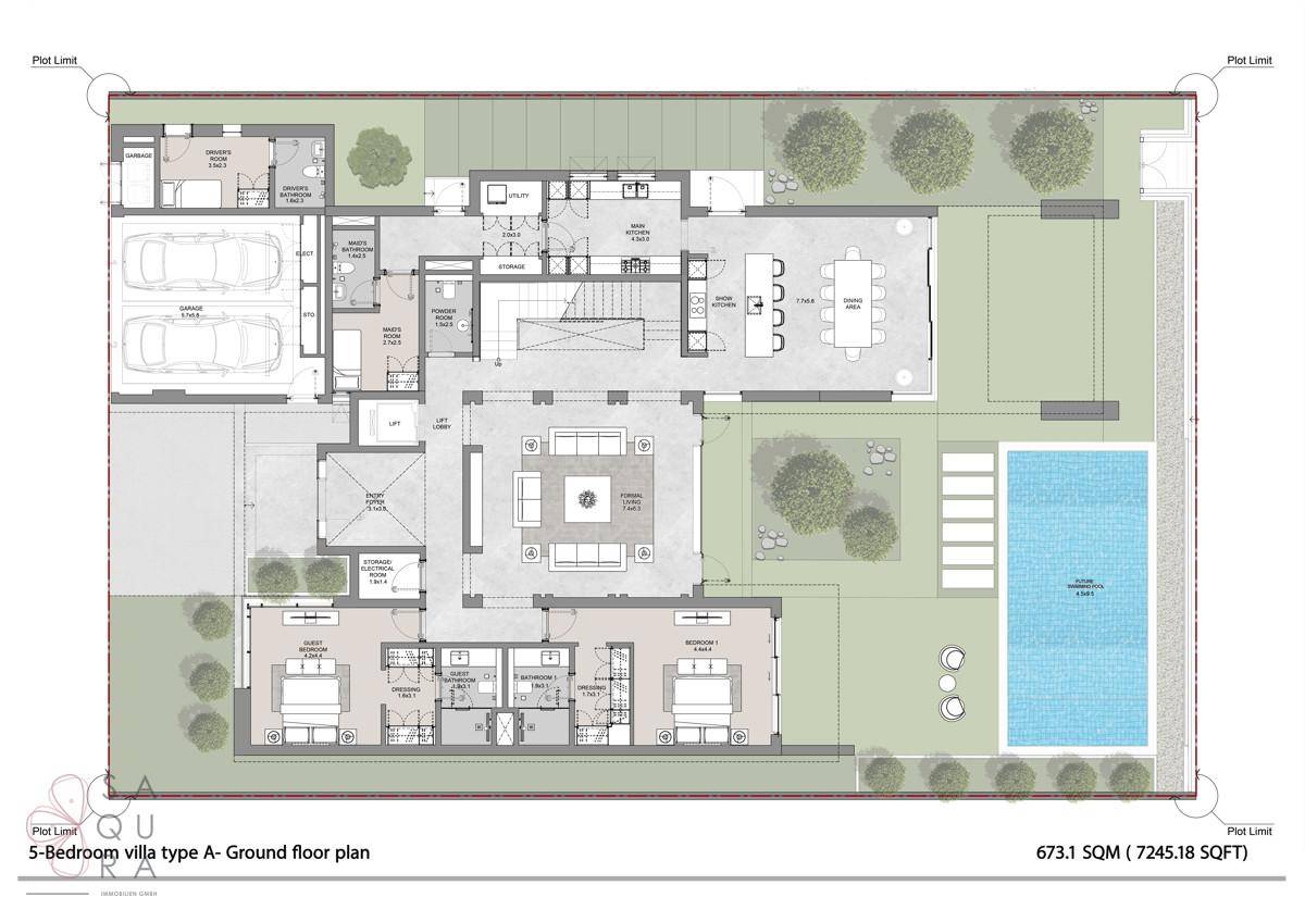 Grundriss des Erdgeschosses einer 5-Schlafzimmer-Villa mit Garten und Pool.