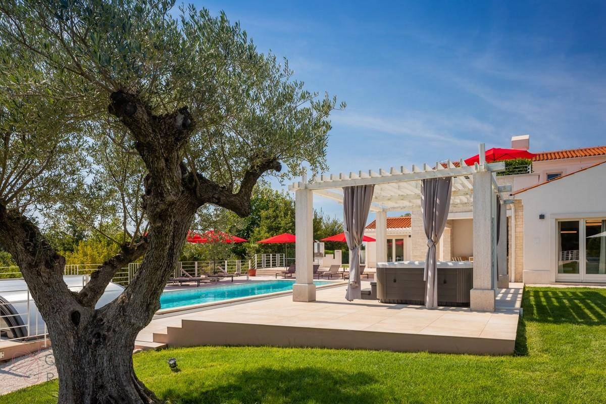 Mediterraner Gartenbereich mit altem Olivenbaum, Whirlpool unter Pergola und Pool im Hintergrund.