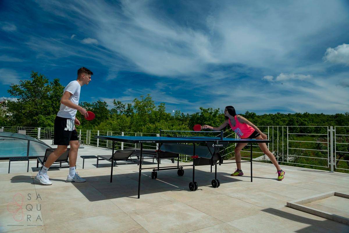 Sonnenterrasse mit Tischtennisplatte und weitem Blick unter blauem Himmel.
