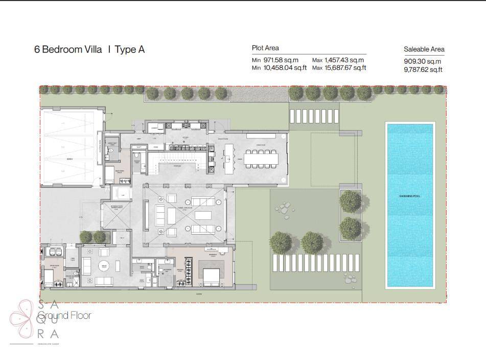Grundriss des Erdgeschosses einer 6-Schlafzimmer-Villa mit Pool und Garten.