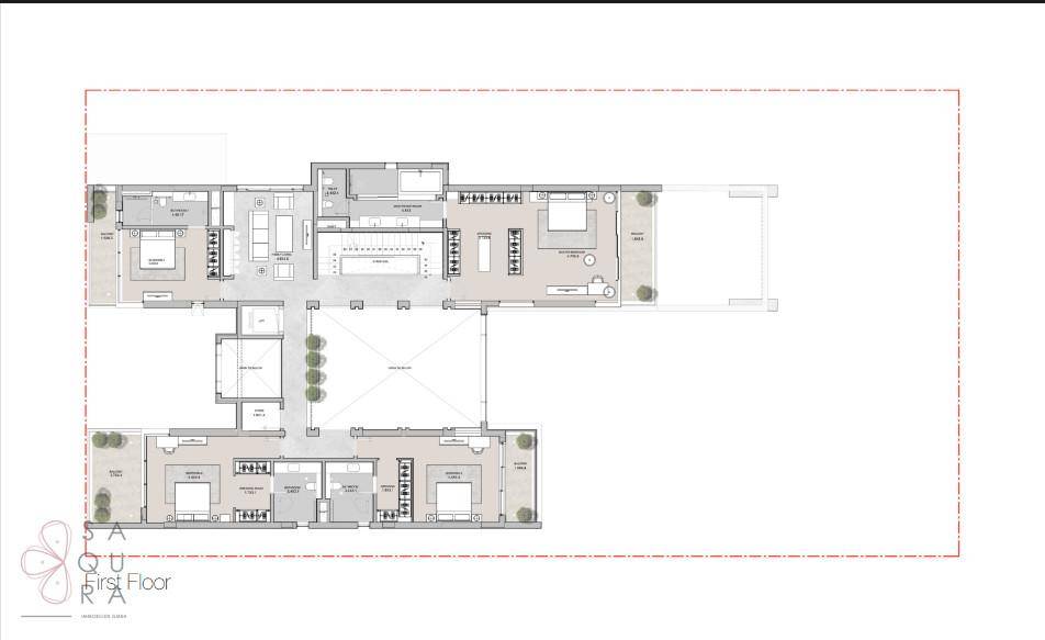 Grundriss des ersten Obergeschosses einer Villa mit mehreren Schlafzimmern und Bädern.