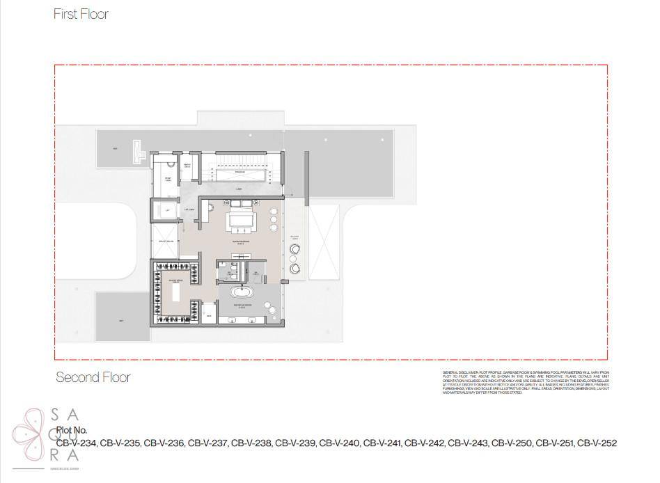 Grundriss des zweiten Obergeschosses einer Villa mit Schlafzimmer und Terrasse.