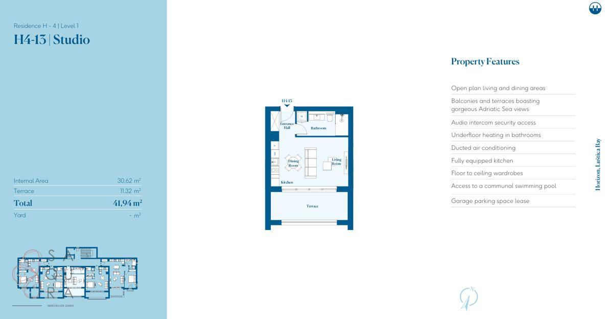Grundriss eines Studio-Apartments mit offenem Wohnbereich, integrierter Küche und großer Terrasse.