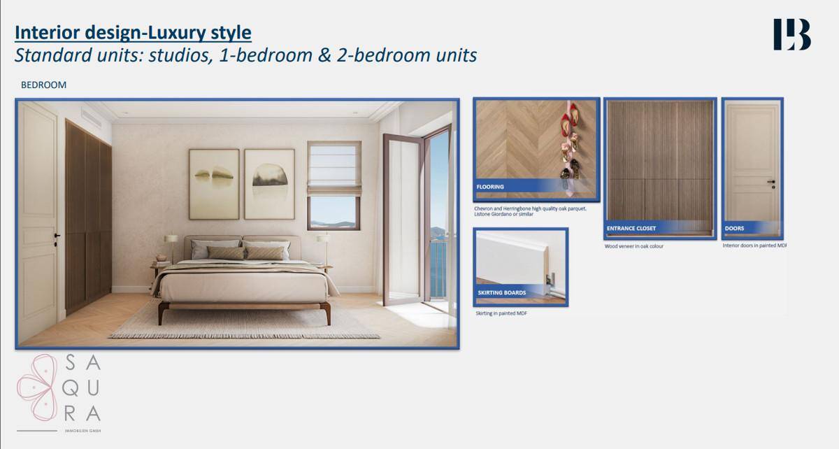 Luxuriöses Schlafzimmer mit modernem Design, Holzboden und Zugang zu einem Balkon oder einer Terrasse.