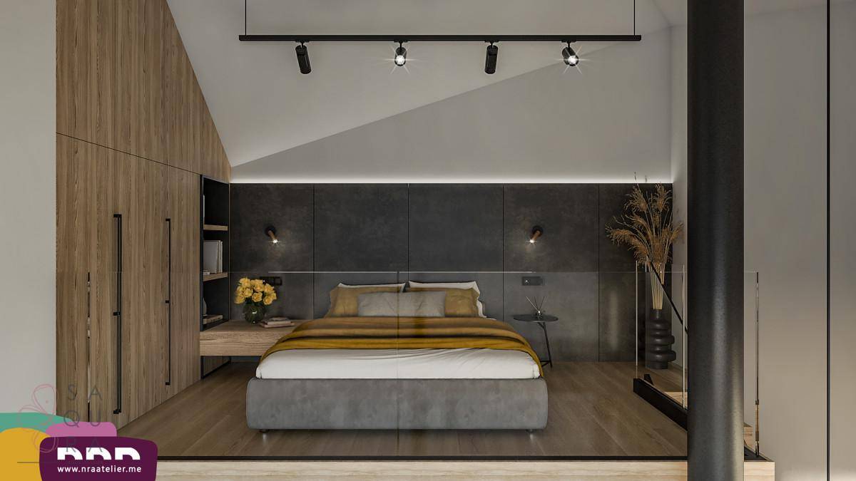 Modernes Schlafzimmer mit Holzwänden, Dachschräge und indirekter Beleuchtung.