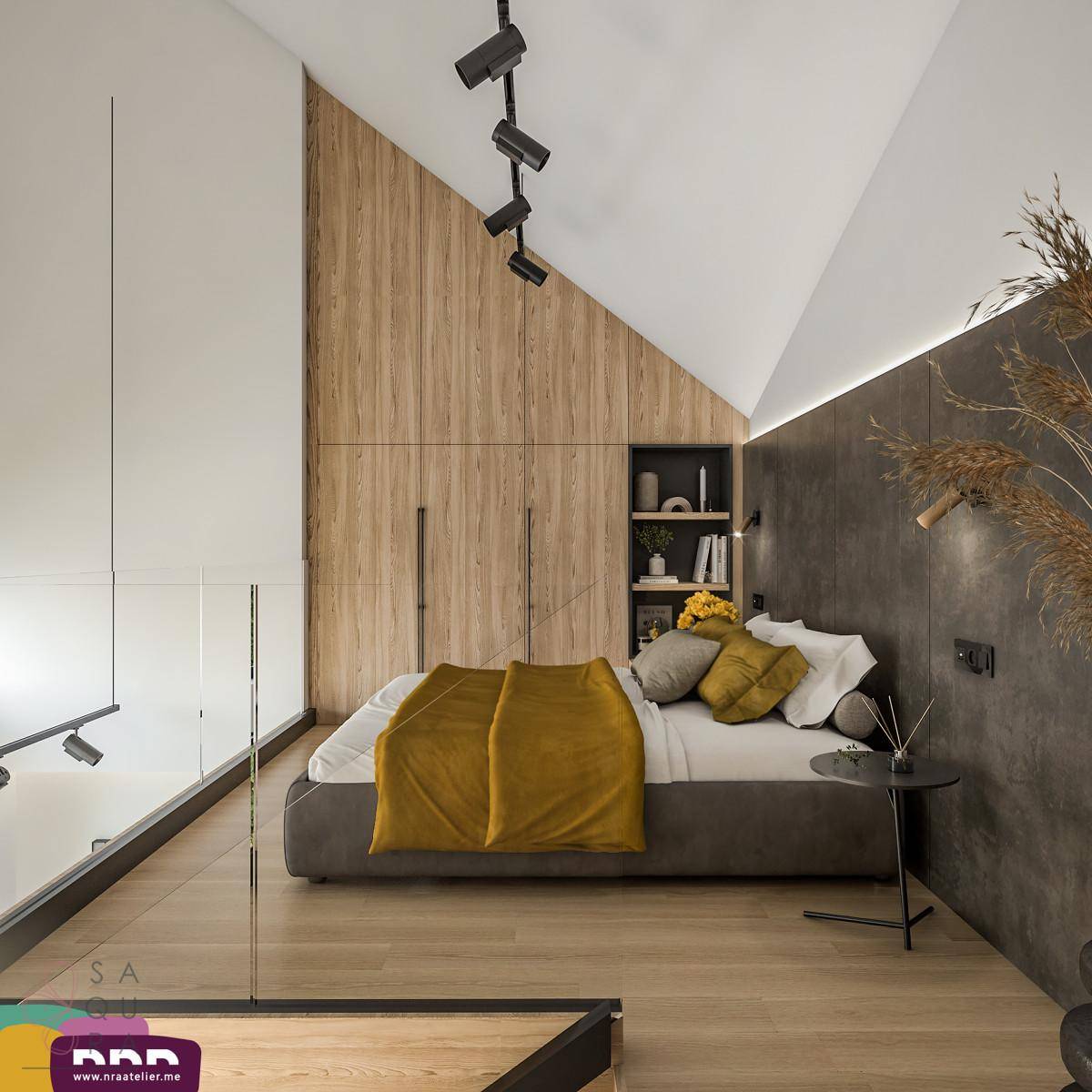 Helles Schlafzimmer mit Holzelementen, Dachschräge und offener Galerie zum Wohnbereich.