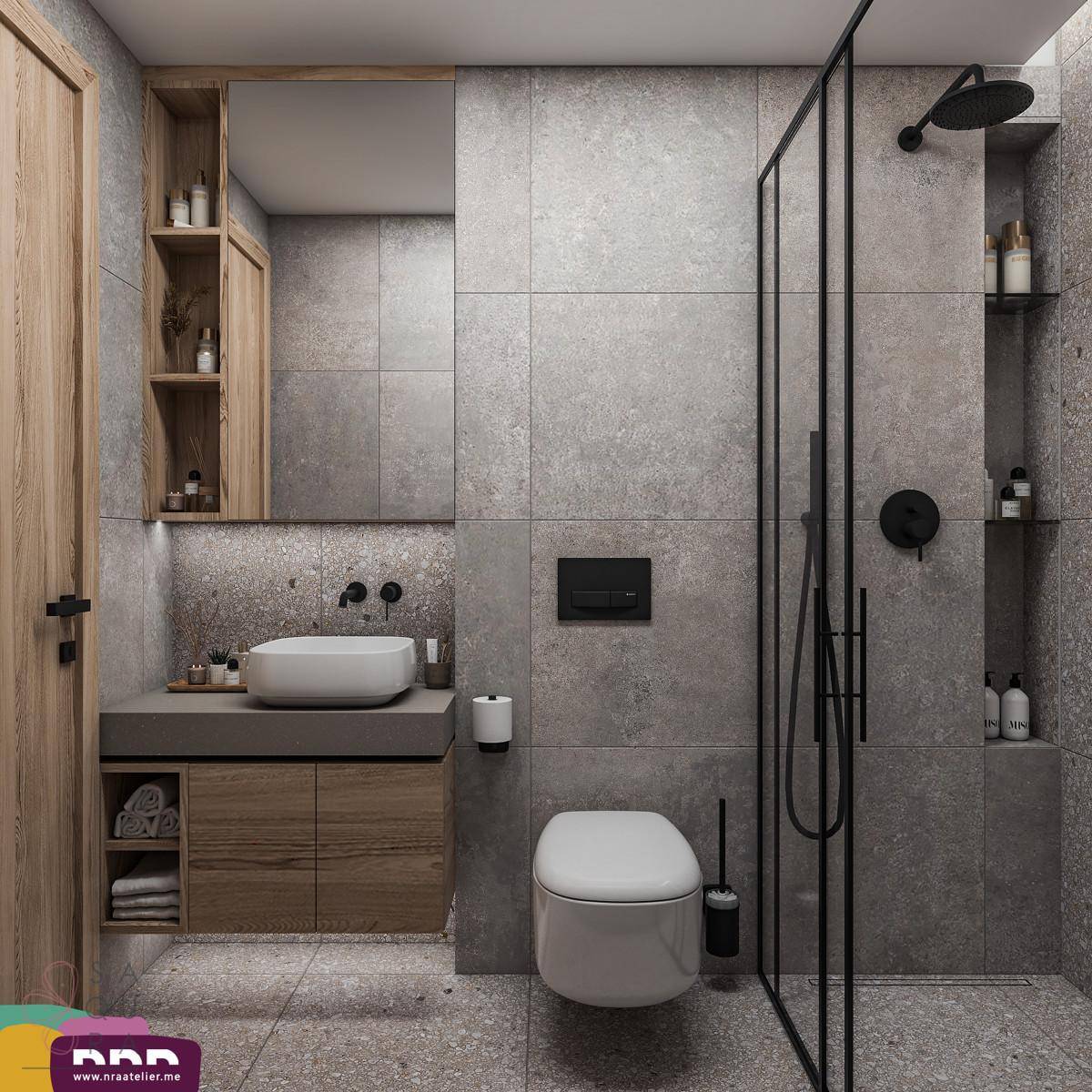 Modernes Badezimmer mit grauen Fliesen, begehbarer Dusche und Holzwaschtisch.