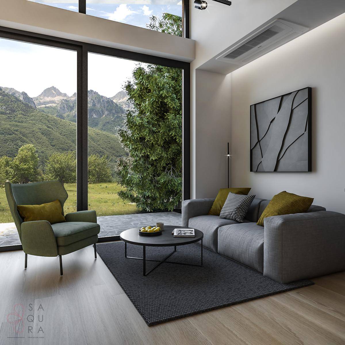 Helles Wohnzimmer mit bodentiefen Fenstern und atemberaubendem Bergblick.