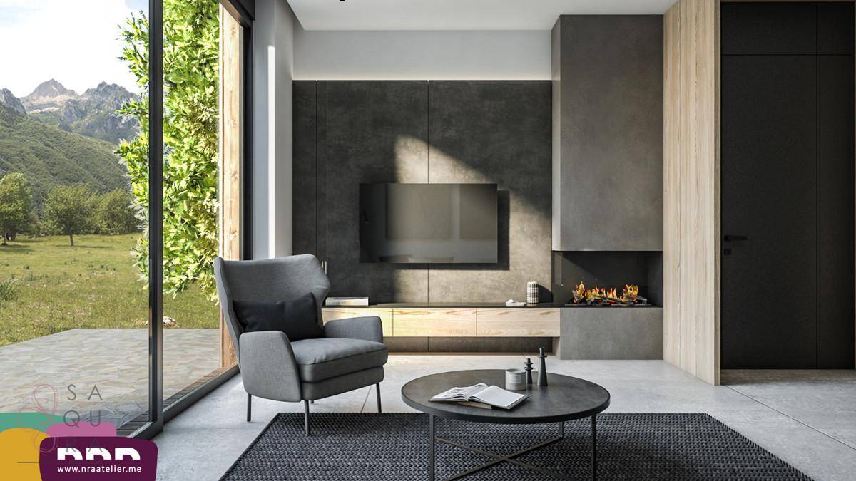 Elegantes Wohnzimmer mit Kamin, Fernseher und raumhohen Fenstern mit Bergblick.