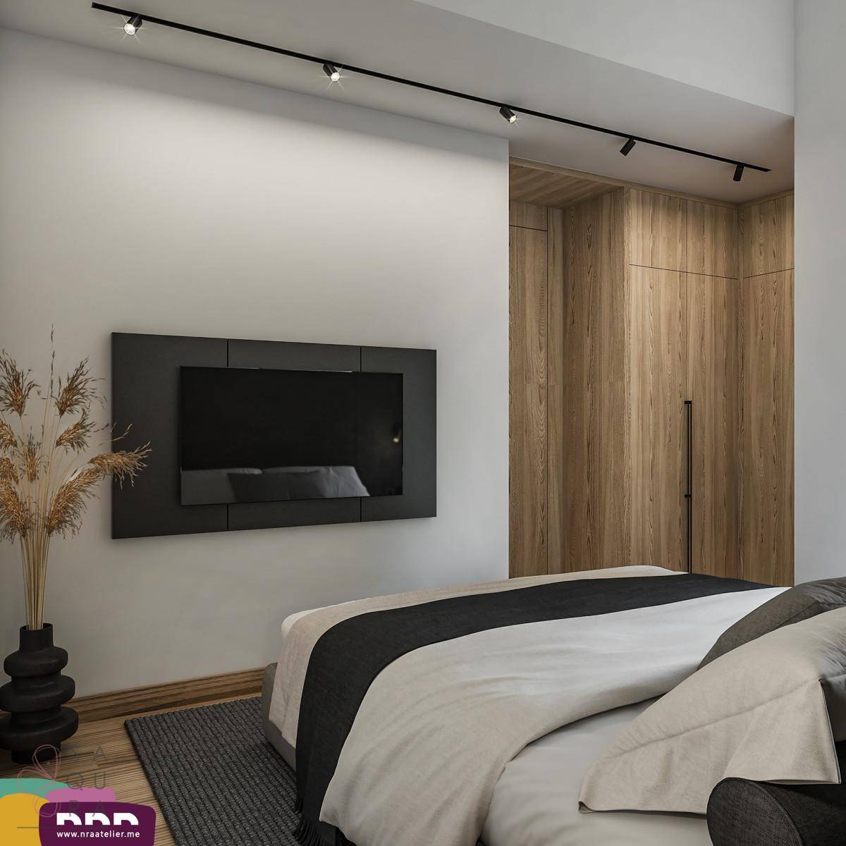 Schlafzimmer mit Wandfernseher, Holzeinbauschränken und minimalistischer Beleuchtung.