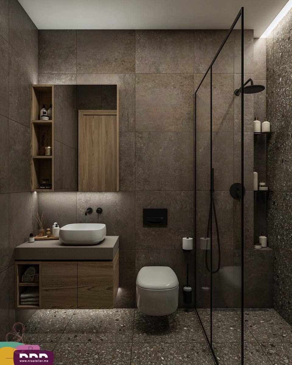 Modernes Badezimmer mit begehbarer Dusche, Wand-WC und stilvollen Holz- und Steinelementen.