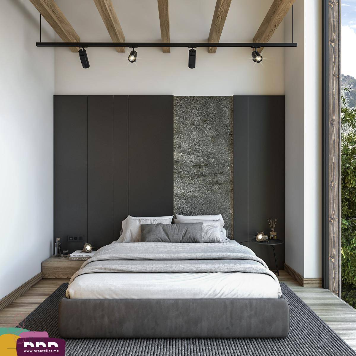 Modernes Schlafzimmer mit großem Bett, Holzbalken und raumhohen Fenstern mit Bergblick.