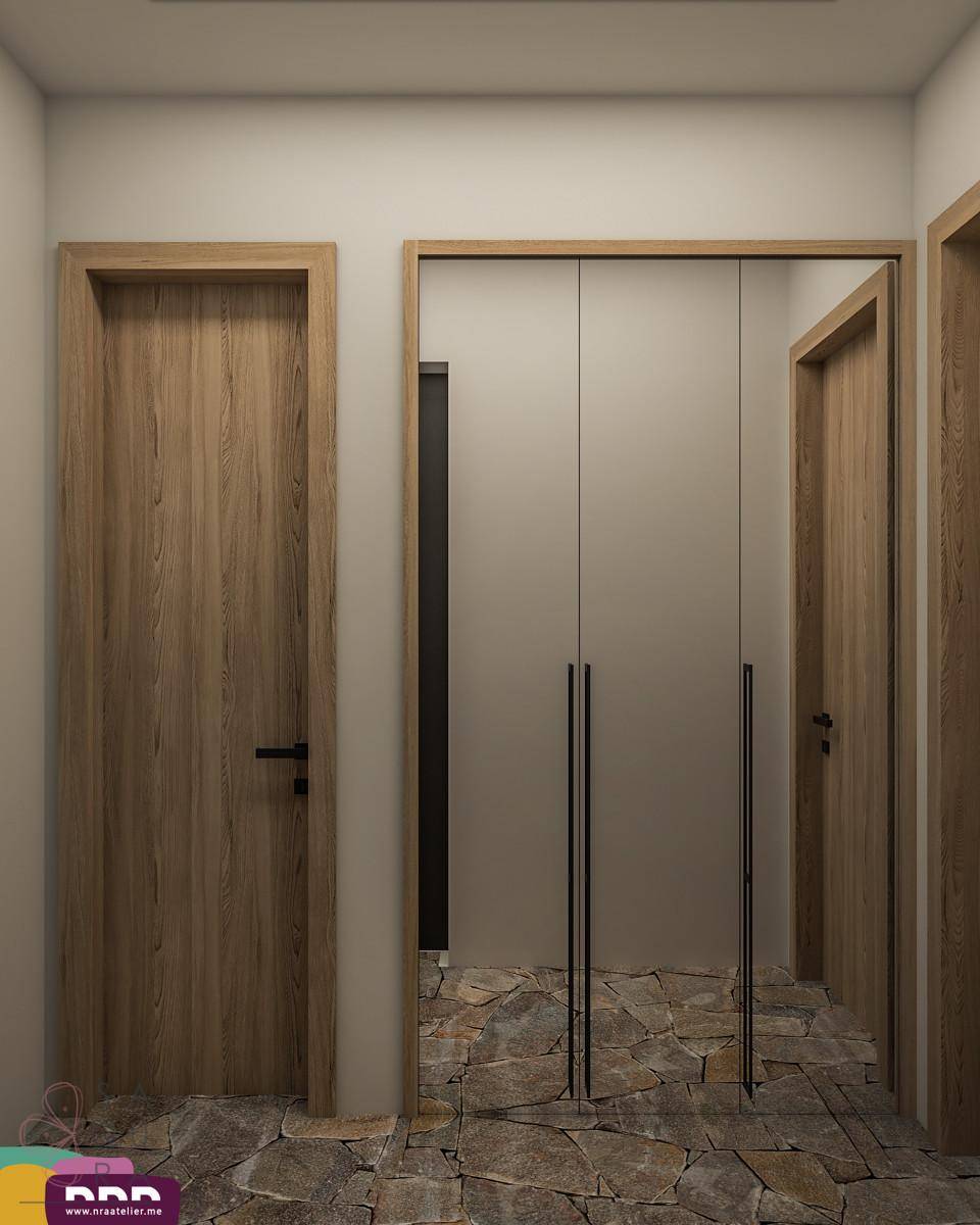 Eingangsbereich mit Holztüren, Spiegelschränken und Natursteinboden in modernem Design.