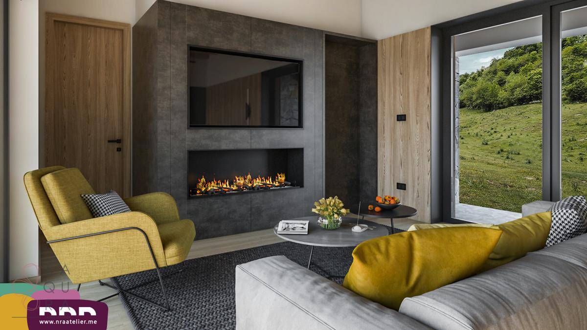 Gemütliches Wohnzimmer mit modernem Kamin, Fernseher und Blick auf die grüne Landschaft.