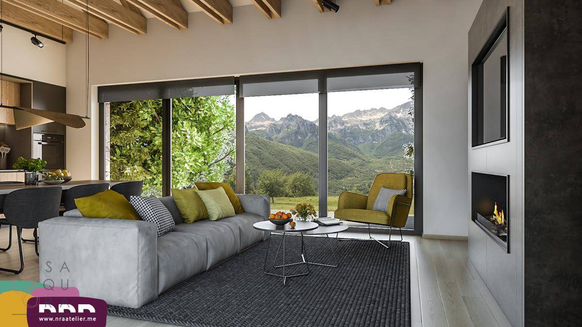 Moderner Wohn- und Essbereich mit Kamin, großen Fenstern und atemberaubendem Bergblick.