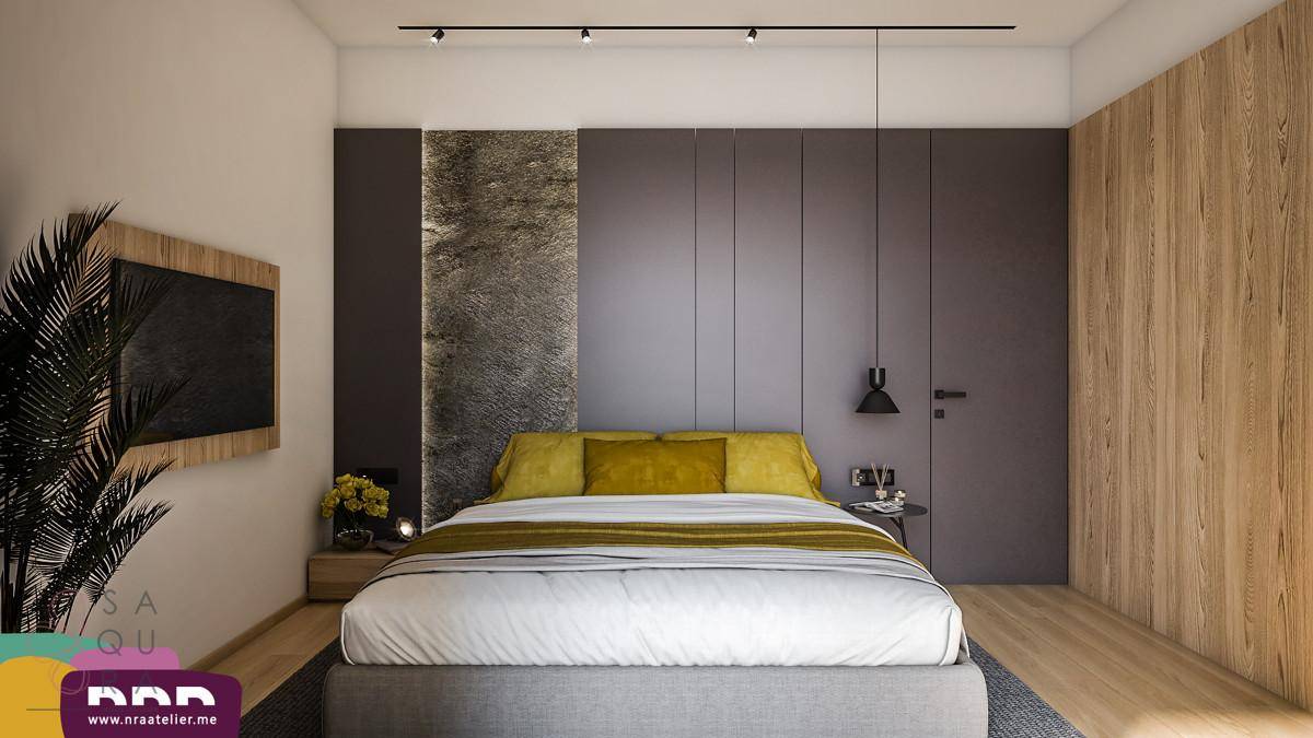 Modernes Schlafzimmer mit Holzakzenten, Einbauschränken und einem großen Bett.
