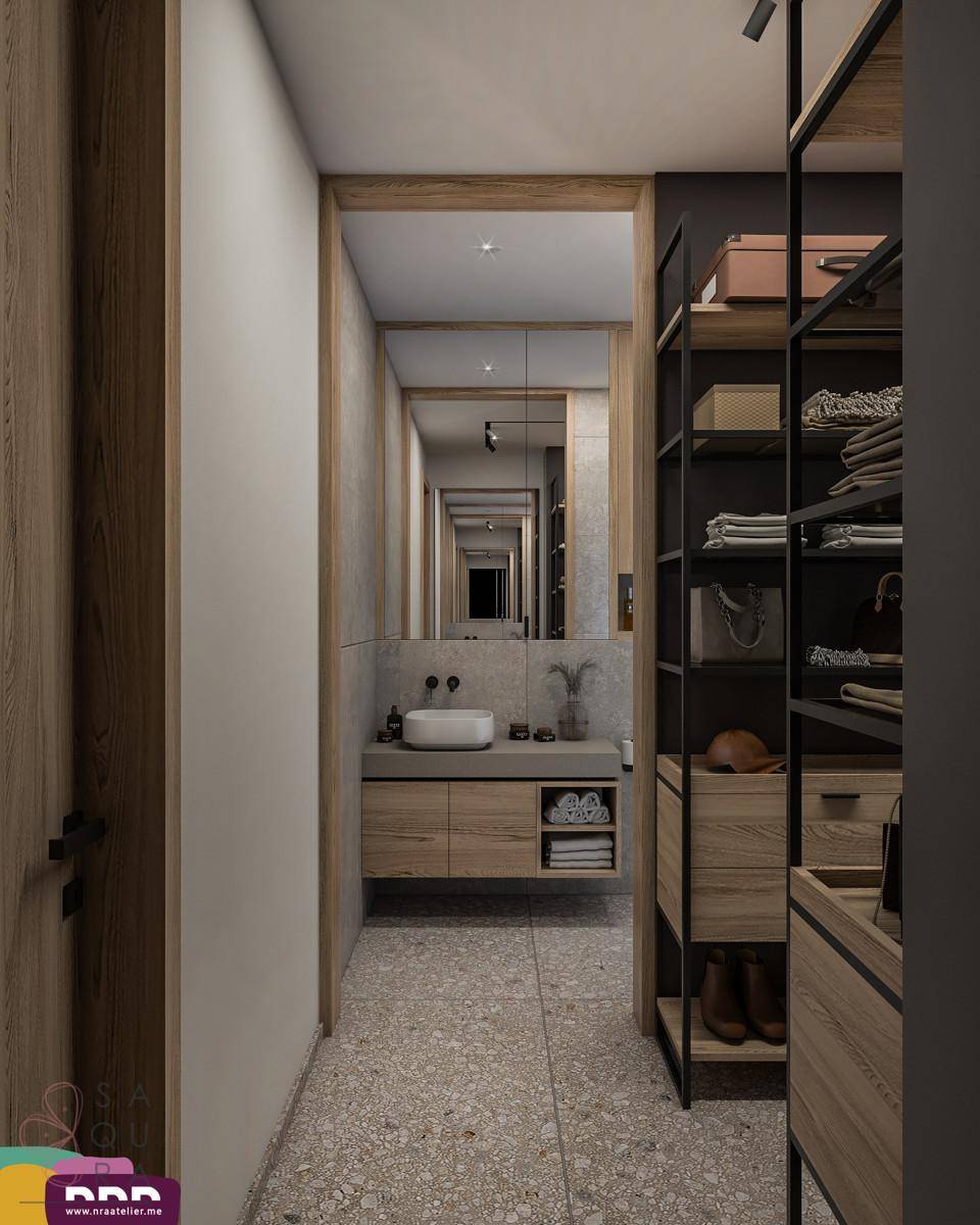Moderner Flur mit integriertem Waschtisch und Spiegelschrank, der zu einem Badezimmer führt.