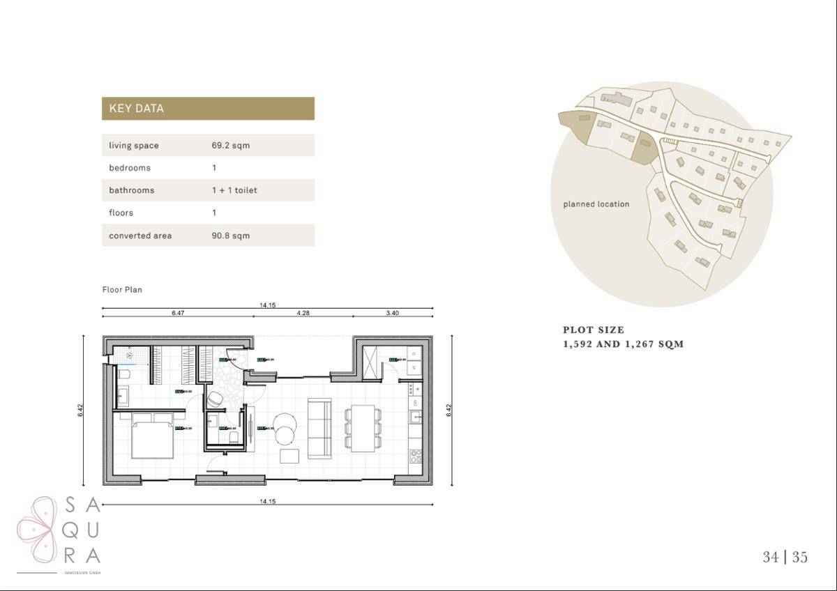 Grundriss mit Schlüsseldaten, Wohnfläche von 69,2 m² und einem Schlafzimmer.