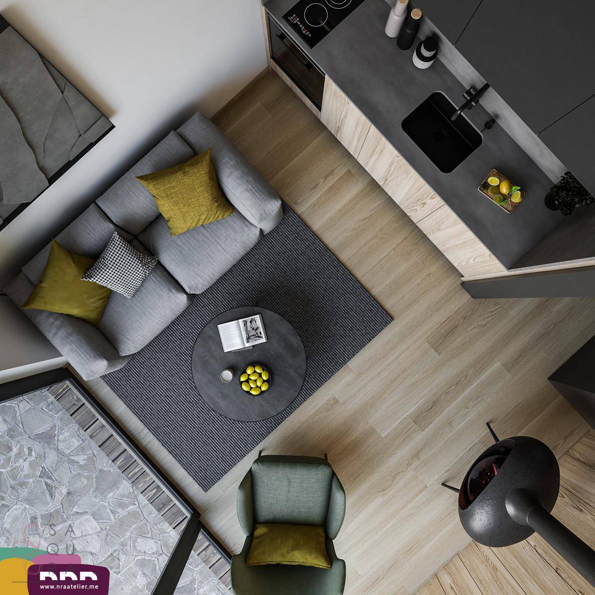 Blick von oben auf den offenen Wohn- und Küchenbereich mit modernem Interieur.
