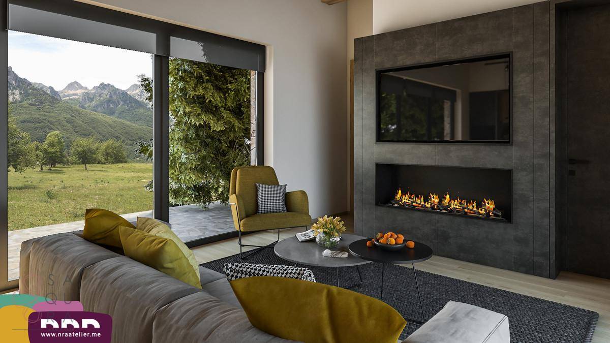 Helles Wohnzimmer mit bequemer Couch, modernem Kamin und weitem Blick auf die Berge.