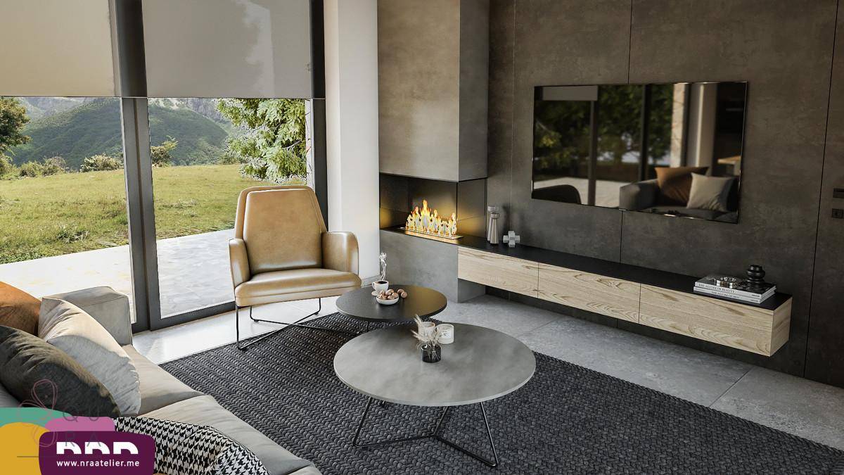 Gemütliches Wohnzimmer mit modernem Kamin, großem Fenster und Blick ins Grüne.