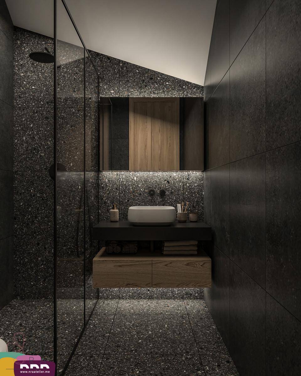Dunkles, modernes Badezimmer mit begehbarer Dusche, schwebendem Waschtisch und Terrazzoboden.