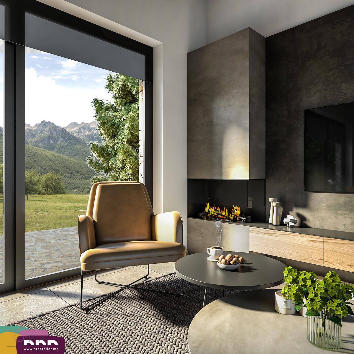 Modernes Wohnzimmer mit Kamin, bequemen Sessel und weitem Blick auf die Berglandschaft.