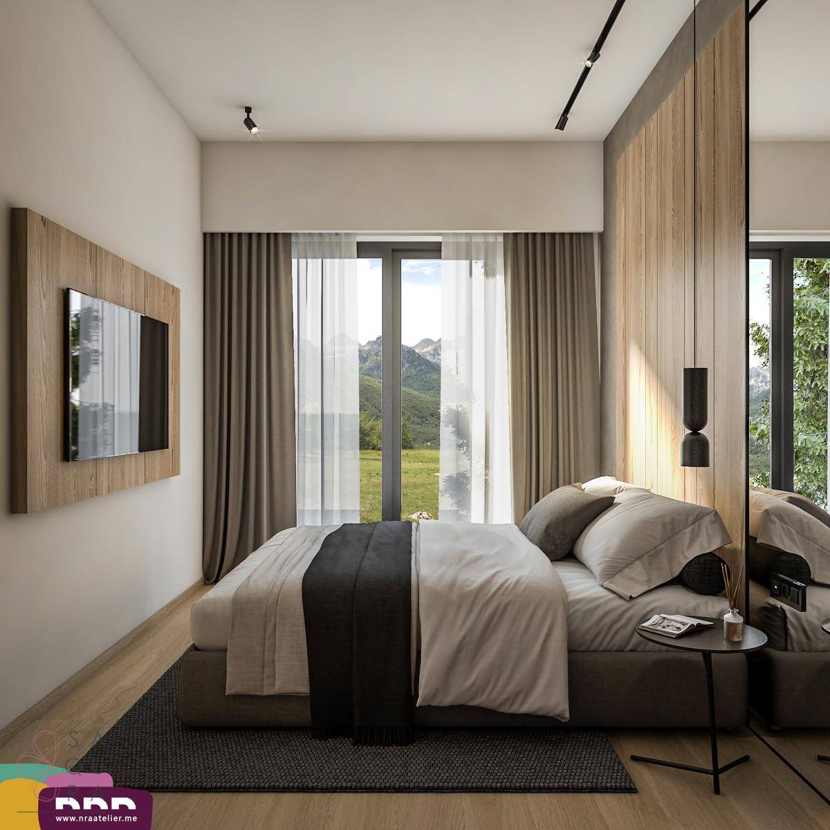 Helles Schlafzimmer mit Holzboden, großem Fenster und Blick auf die grüne Berglandschaft.