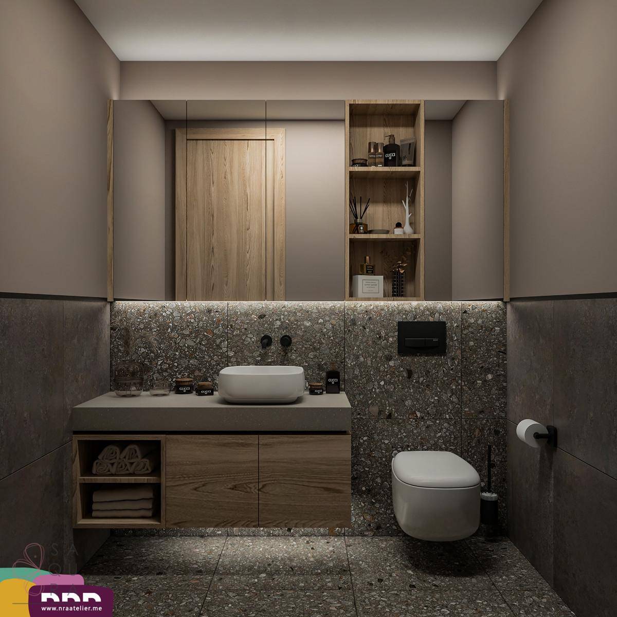 Elegantes Badezimmer mit großem Spiegel, Holzwaschtisch und dunklen Fliesen.