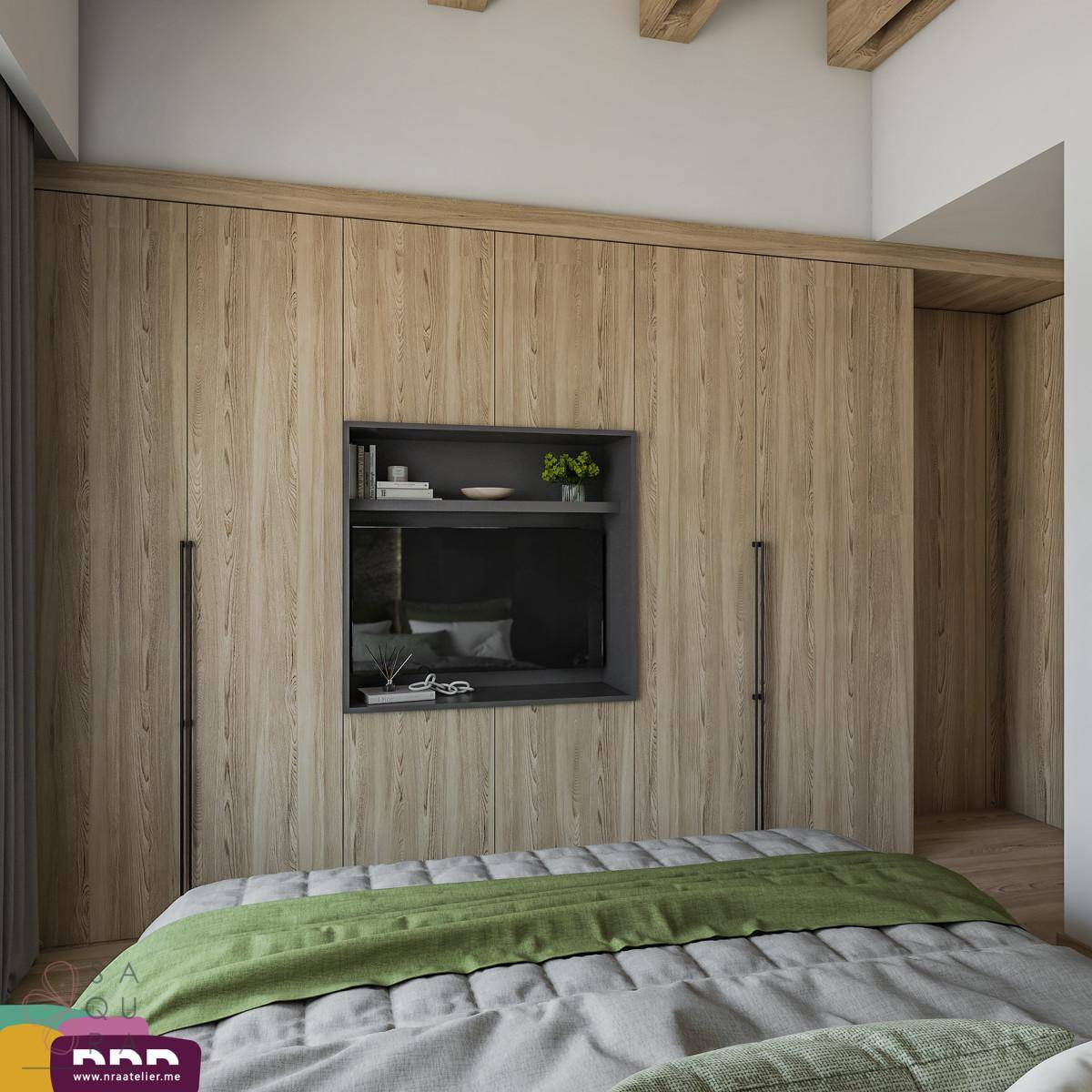 Schlafzimmer mit integriertem TV-Bereich in Holzeinbauschränken und moderner Einrichtung.